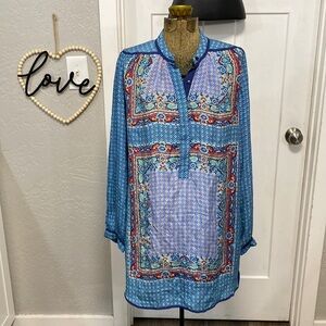 TOLANI SILK BLUE BOHO PRINT TUNIC TOP DRESS  SIZE MEDIUM